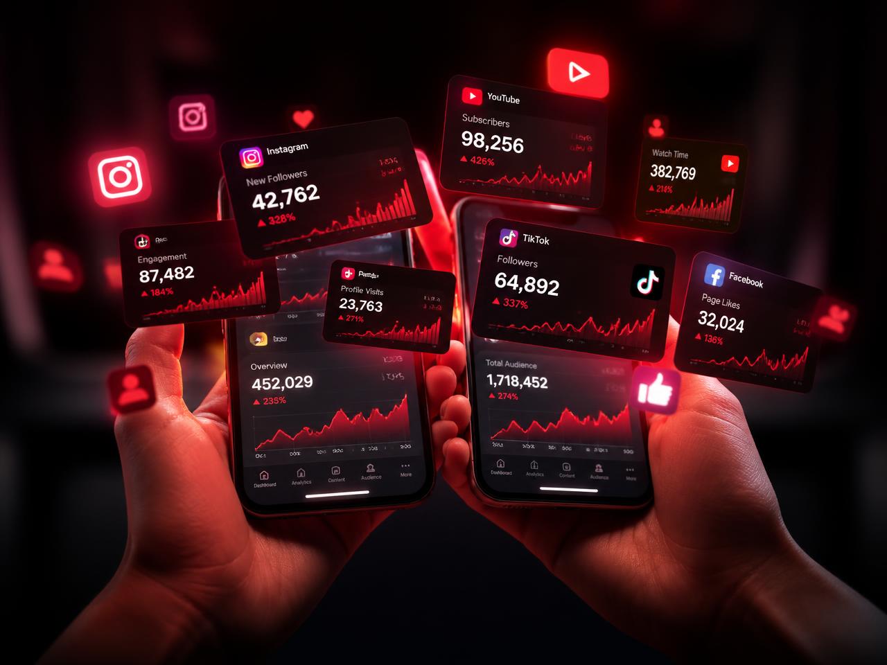Two phones showing rising follower and engagement stats